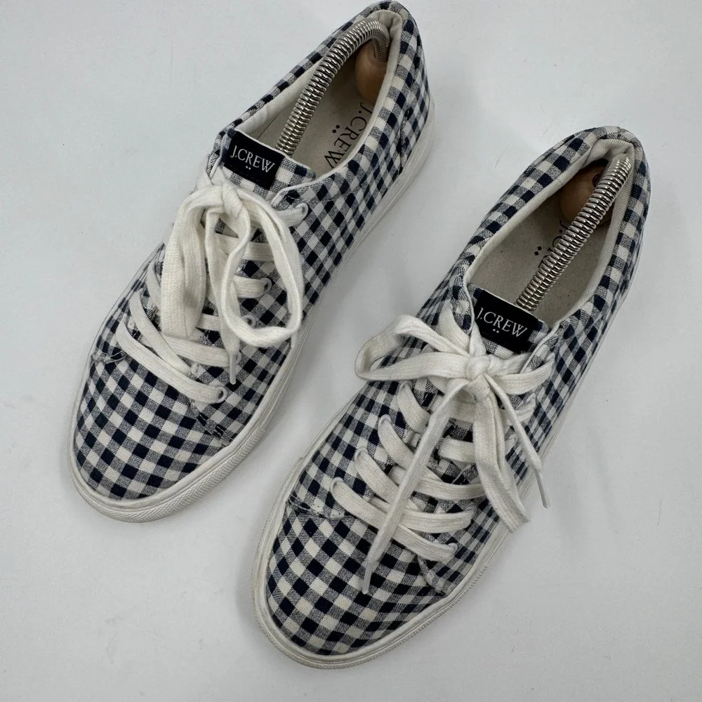J.Crew Gingham Low Top‎ Sneaker Womens 8 Navy White Checkered BG338 Lace Up